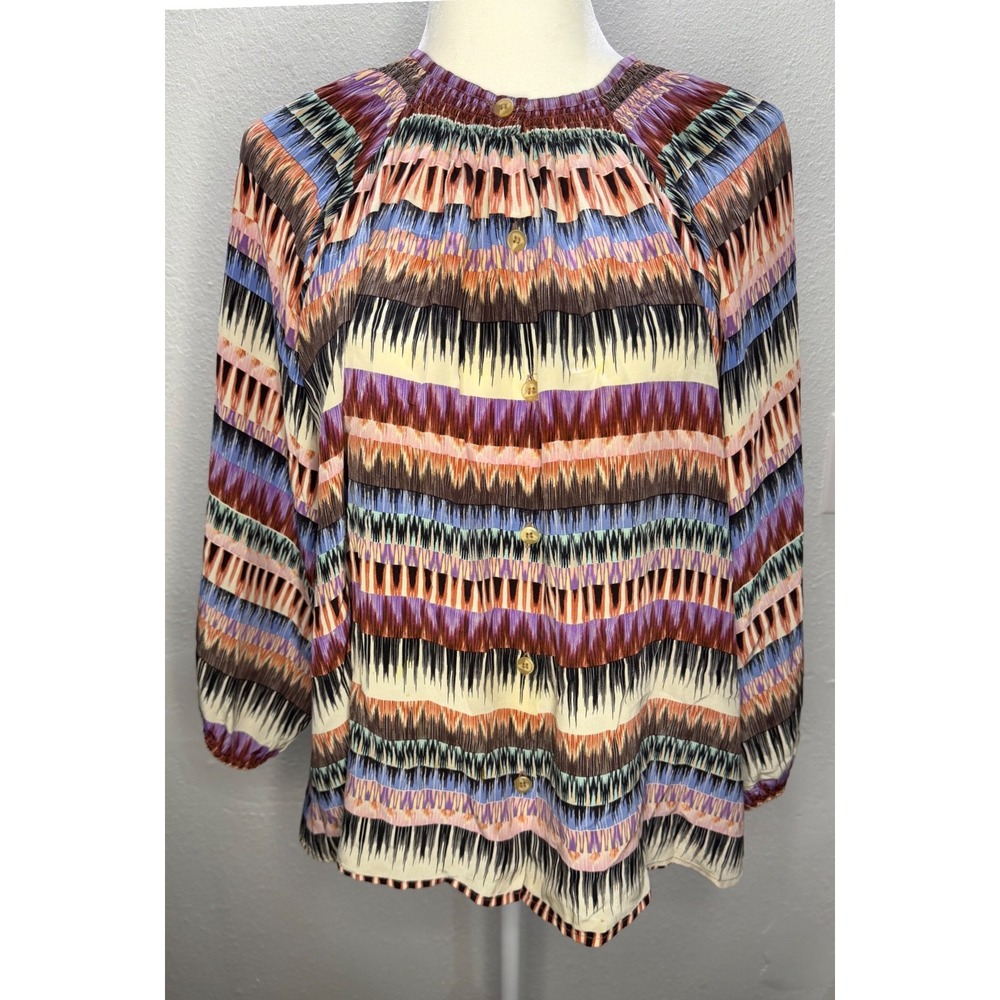 Tucker Womens 100% Silk Ikat Geometric Smocked Button Front Blouse Purple Large